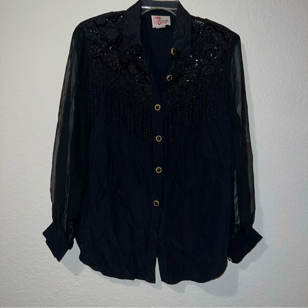Vintage 80s Jennifer black fringe western blouse